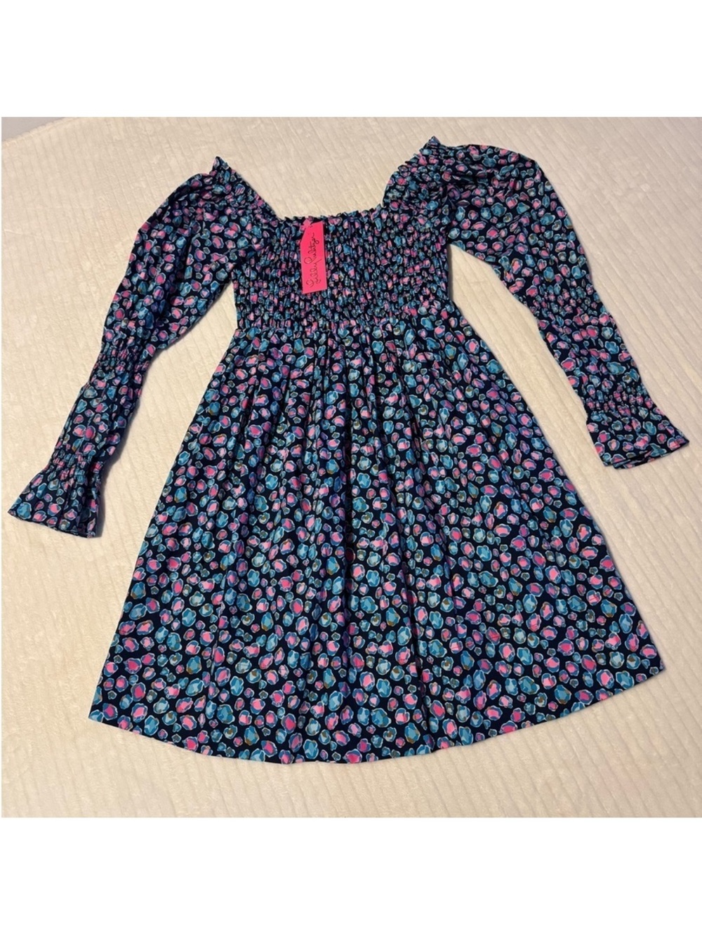 Lilly Pulitzer Navy Floral Smocked Long Dress with Pink & Teal Motifs